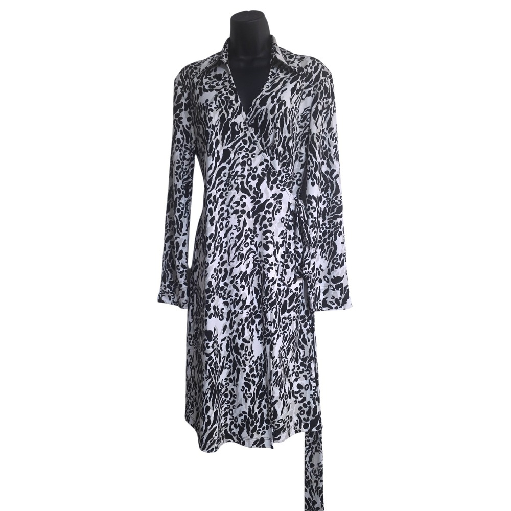 Express Womens Black White Leopard Print Long Sleeve Collared Wrap Dress Sz 9/10